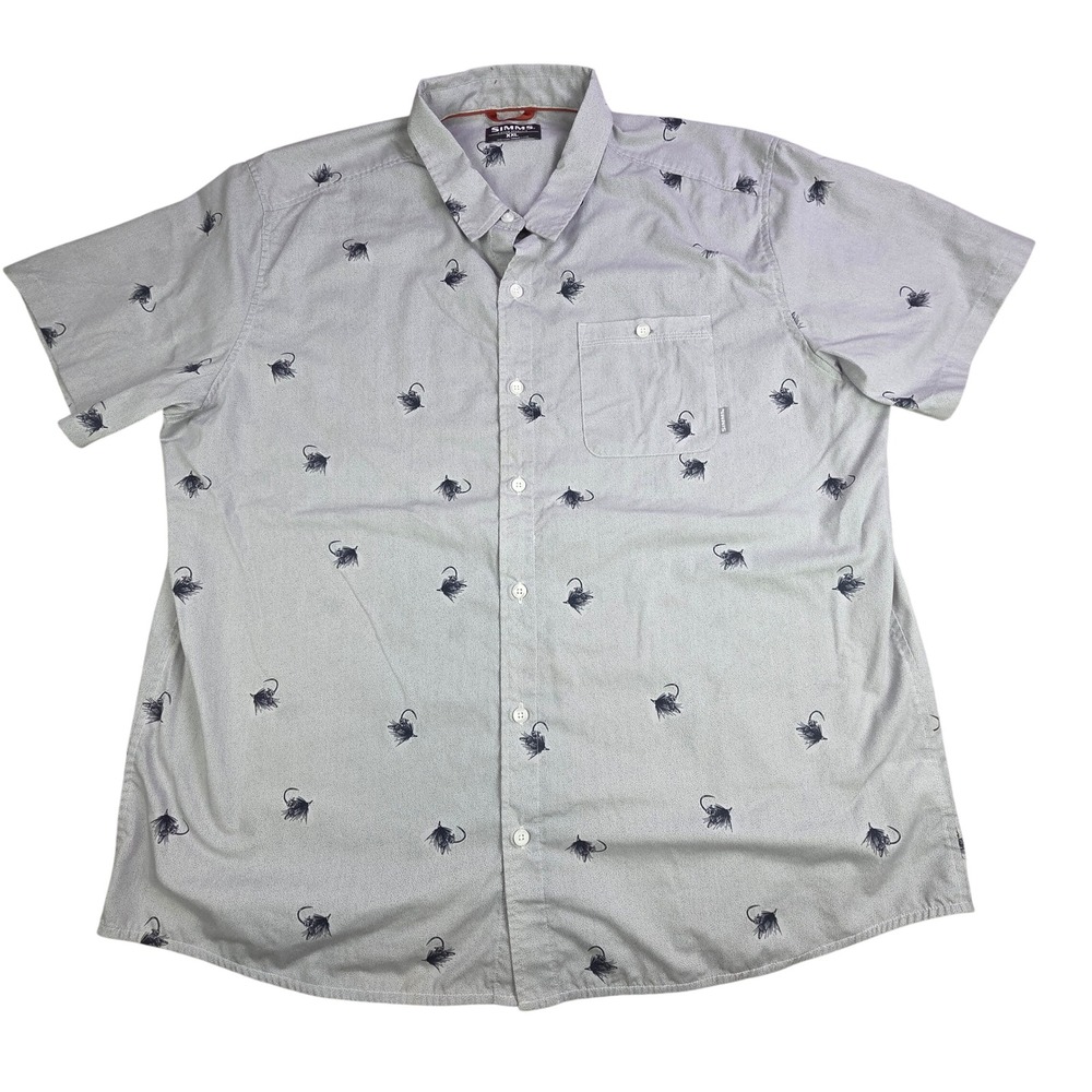 Simms Mens XXL Gray Fly Fishing Lure Print‎ Short Sleeve Button Up Shirt